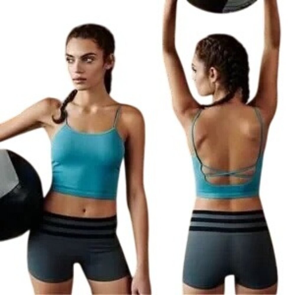 Free People Movement Tighten Up Blue Ribbed Seamless Crop Top